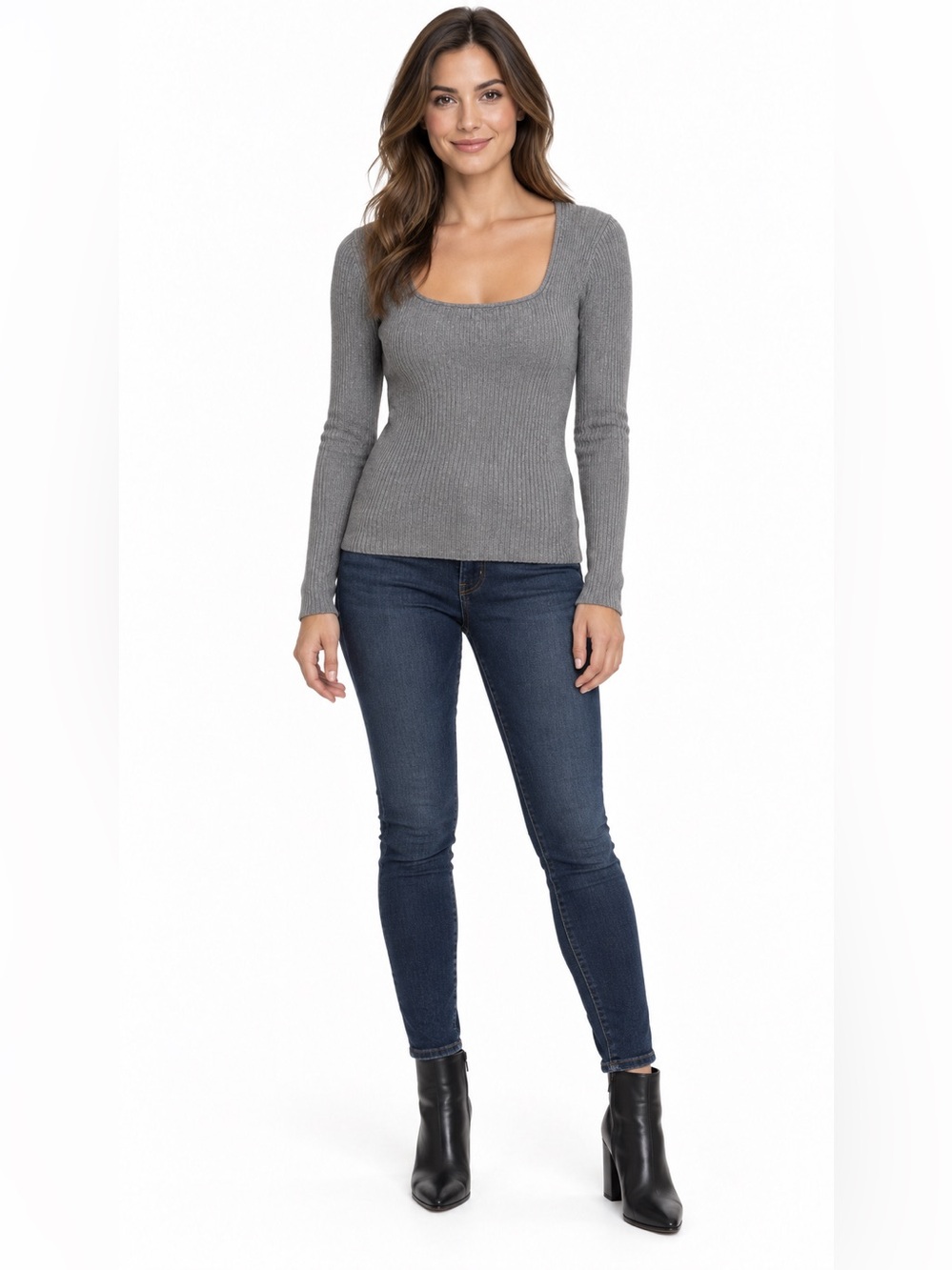 Banana Republic Gray Ribbed Scoop-Neck Long Sleeve Sweater